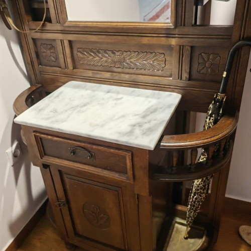 Antique solid walnut entryway furniture with carving, mirror and marble