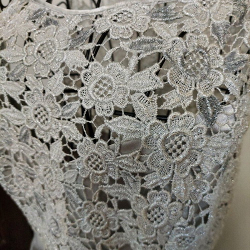 Formal long evening dress silver lace and satin small like new