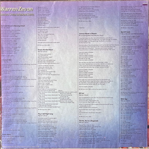 Warren Zevon Bad Luck Streak In Dancing School vinyl used, rock