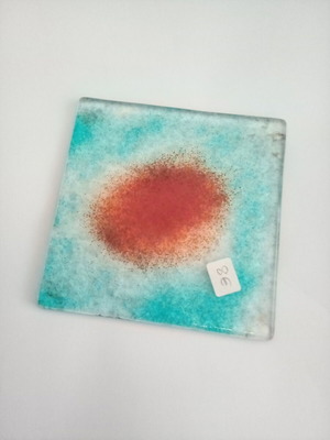 Murano handmade blown glass coaster 10x10 cm new, green with orange design
