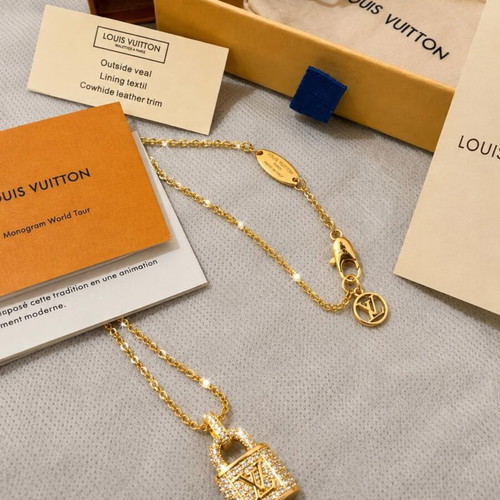 Louis Vuitton Monogram World Tour Padlock Necklace with Strass, Gold Tone