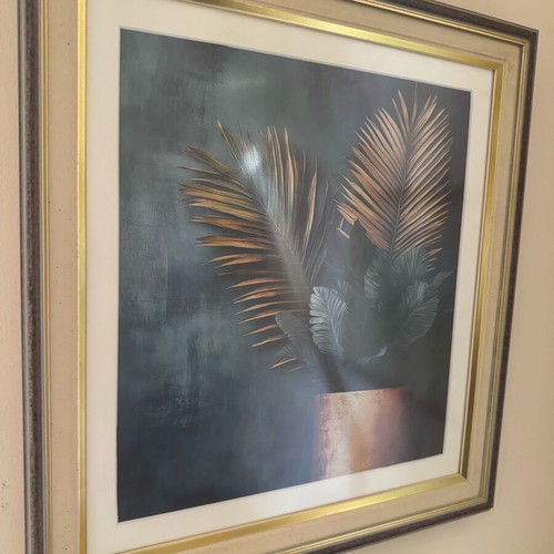 Framed art print with double frame and green background, like new