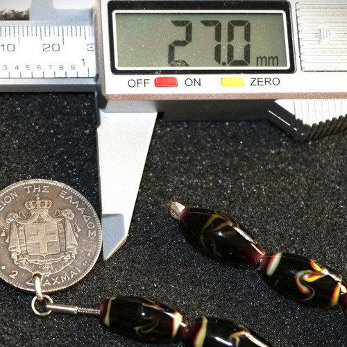 Begleri with 2 Drachma coin King George Murano crystals, silver, handmade
