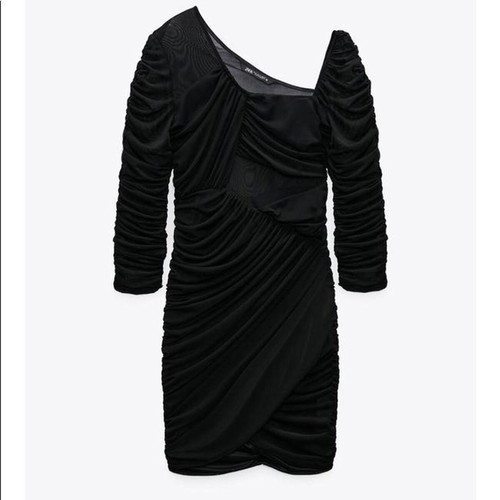 zara black mini dress long sleeve ZARA Black One Sleeve Ruched Mini Dress UK XS main image 1