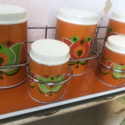 Vintage metal bread box with storage containers