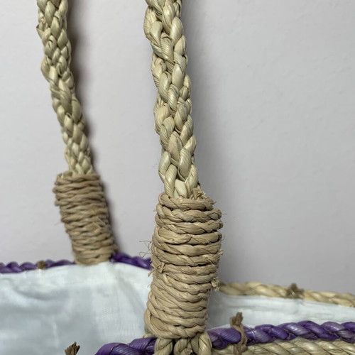 Summer bag handmade from rope and rattan, unused, natural and purple