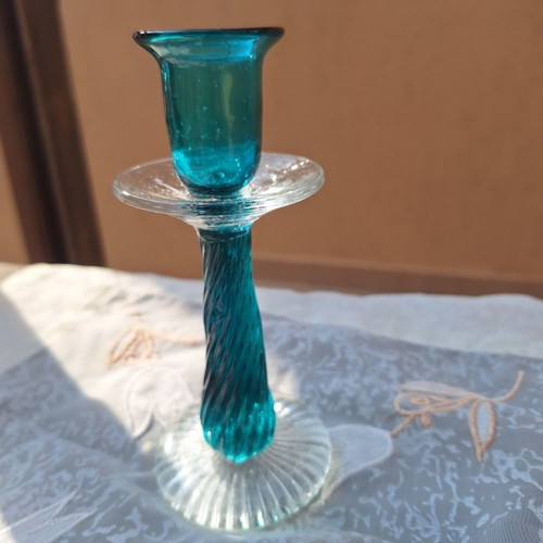 Glass candlestick new, petrol color, 16 cm height