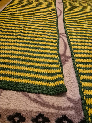 Handmade wool knitted rugs green and mustard, like new, set of 2