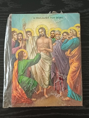 Vintage religious icon The Touch of Thomas on wood