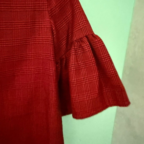Red blouse with check pattern and dramatic sleeves, like new, size S