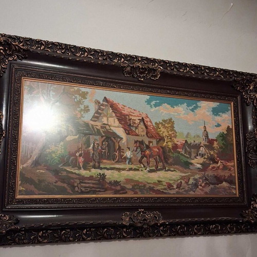 Gobelin tapestry used with handmade embroidery and carved frame