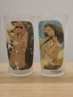 Vintage water glasses used, set of four pin-up 70's