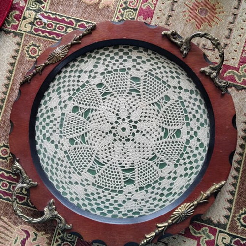 Serving tray like new with handmade doily, brass and wood