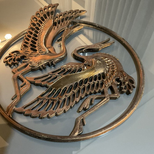 Handmade copper wall decorations set of 2 with stork relief