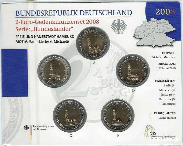  SAC germania 2 evro 2008 A-D-F-G-J UNC amvourgo (blister)