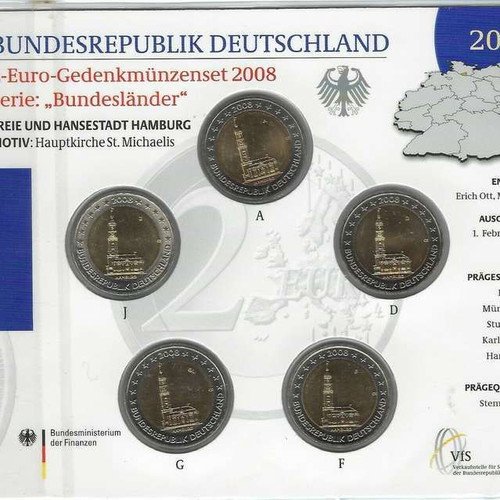 SAC Germany 2 Euro 2008 A-D-F-G-J UNC Hamburg new, blister