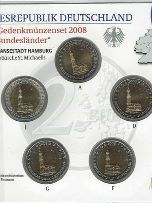 SAC Germany 2 Euro 2008 A-D-F-G-J UNC Hamburg new, blister