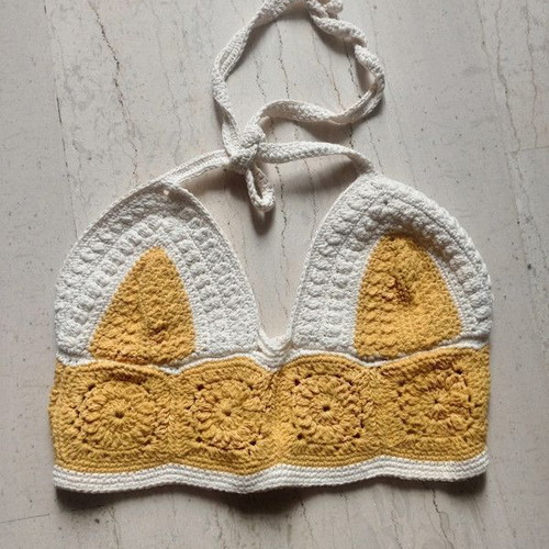 Handmade knitted crop top white and yellow with granny squares, new