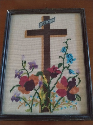 Embroidered cross framed artwork used 26×20 cm
