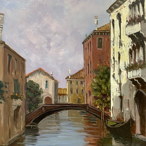 Oil painting used, embossed canal scene with handmade wooden frame