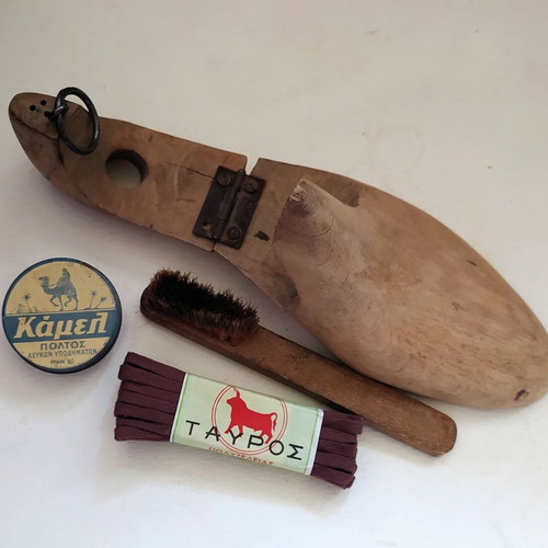 Vintage Shoe Care Set with Wooden Shoe Last, Brush, Camel Polish, Kazazis Laces