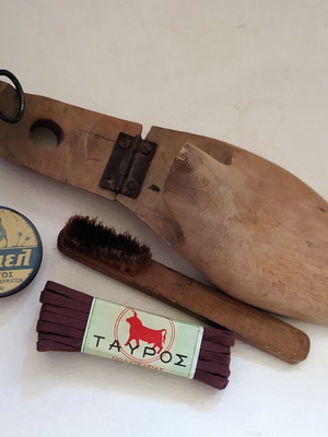 Vintage Shoe Care Set with Wooden Shoe Last, Brush, Camel Polish, Kazazis Laces