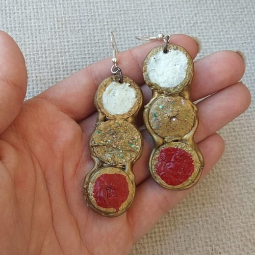 Cork earrings handmade from scratch in gold, red, and white