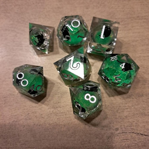 Liquid core D&D dice set green with black cat