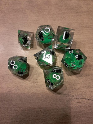 Liquid core D&D dice set green with black cat