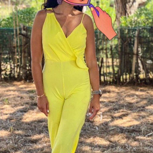 Yellow one-piece jumpsuit used with ring and strap, size M