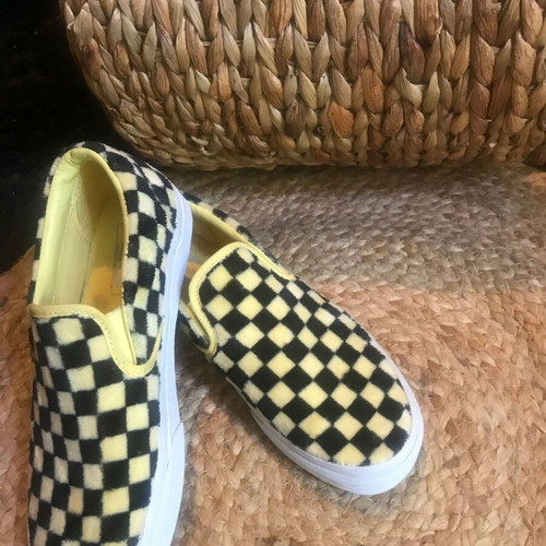 Vans Classic Slip-On Furry Checkerboard Sunshine Black sneakers size 38.5