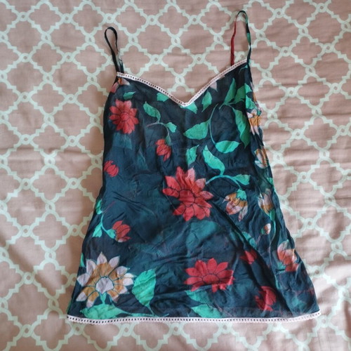 Nolita NYC dark blue see-through silk lingerie top with pink lace and floral print, size S