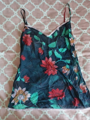 Nolita NYC dark blue see-through silk lingerie top with pink lace and floral print, size S