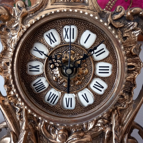 Vintage brass table clock with five-arm candlestick set like new
