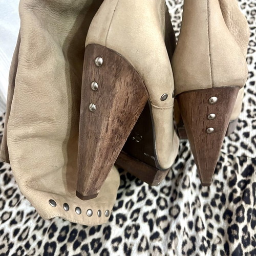 Leather knee-high boots with studs, beige, size 39