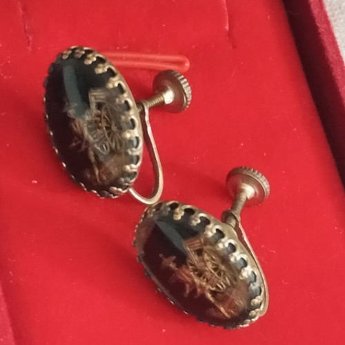 Antique bronze earrings with painted glass, used