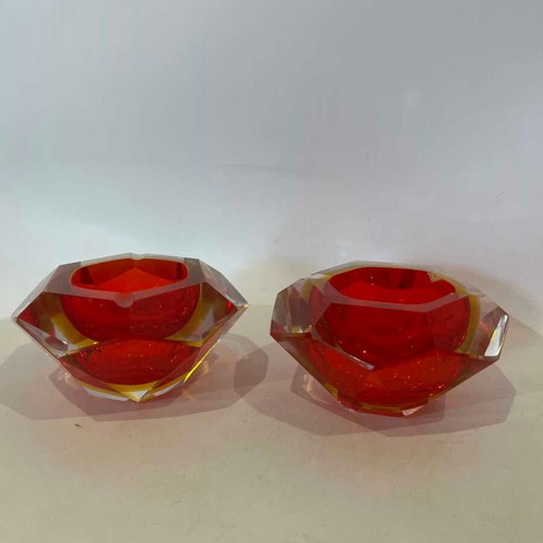 Murano crystal ashtray set 2 used, red orange shade 6x11x11