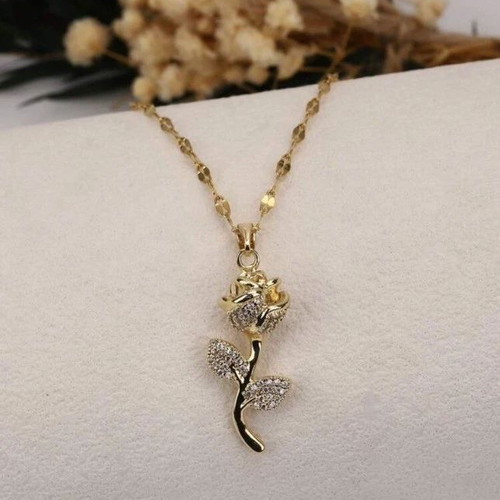 18K Gold Plated Rose Pendant Necklace with Sparkling CZ Crystal
