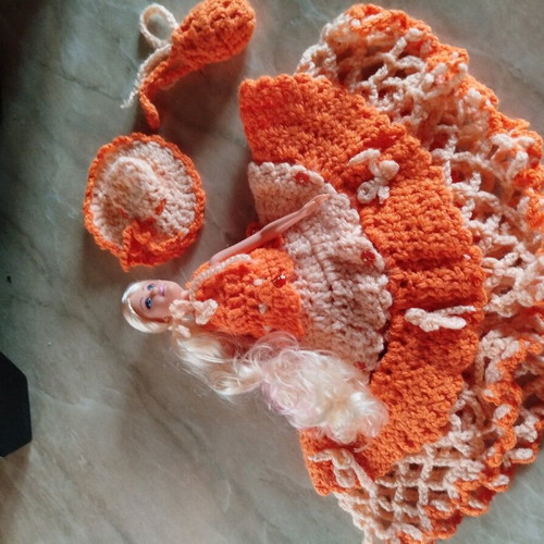 Doll with handmade dress, hat and bag new