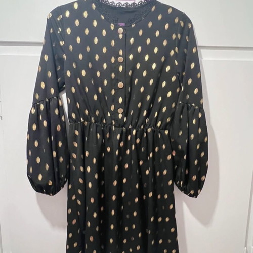 Black Mid-Length Dress With Gold Polka Dot Details Like New