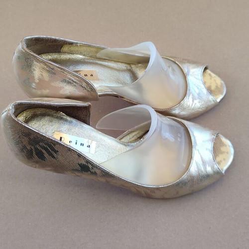 Peep-toe heels used, gold leather size 37
