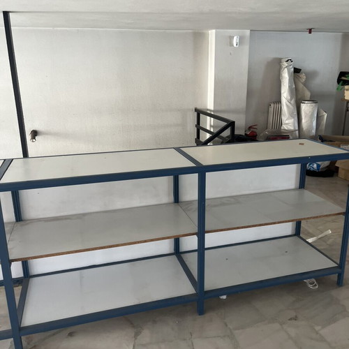 Professional aluminum workbench shelving unit used, 3 sections