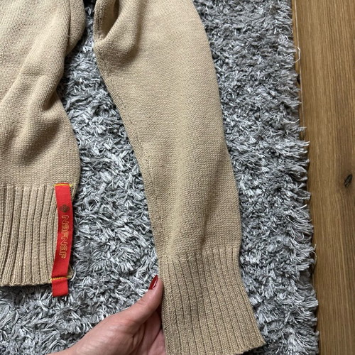 Beige knitted Naf Naf sweater used with striped cuffs and hem