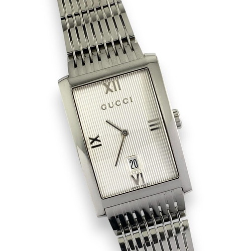 Gucci Logo Rectangular Stainless Steel Bracelet Date Roman Quartz Swiss 8600 M Wrist Watch like new