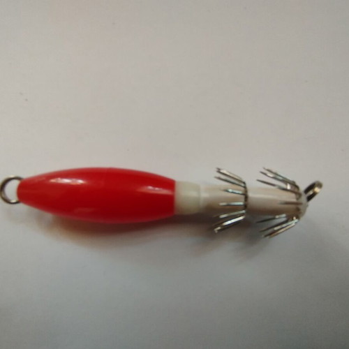 Mega squid jig red plastic 6cm new, hard with two rows of needles