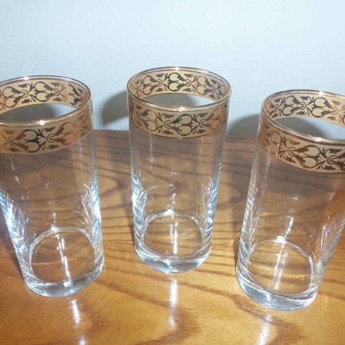 Water glasses used, set of 3, hand-blown glass with gold rim 6x14 cm