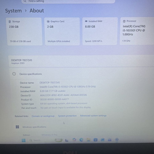 Dell Inspiron 3593 laptop 15.6" Intel Core i5 10th Gen, 8GB RAM, 256GB SSD, Nvidia GeForce MX230