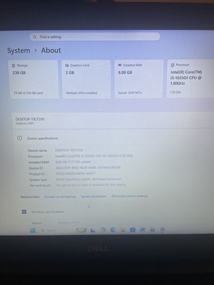 Dell Inspiron 3593 laptop 15.6" Intel Core i5 10th Gen, 8GB RAM, 256GB SSD, Nvidia GeForce MX230