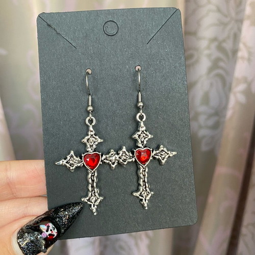 Red Gothic Cross Earrings New with Steel Hooks