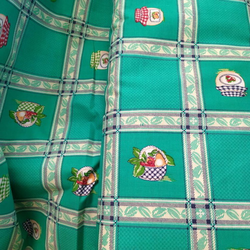 Checked fabric with fruit pattern green cotton, sold by the meter